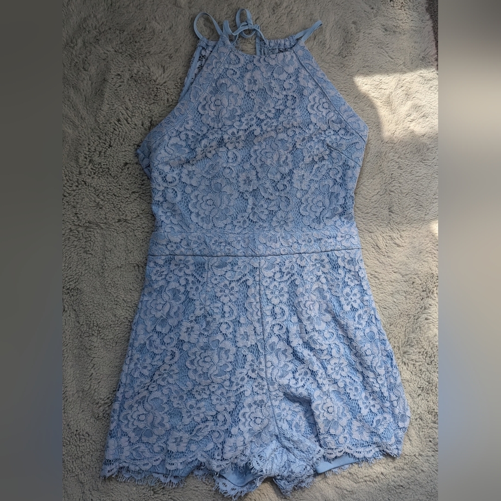 Aqua Light Blue Lace Halter Neck Romper With Open Back | Medium